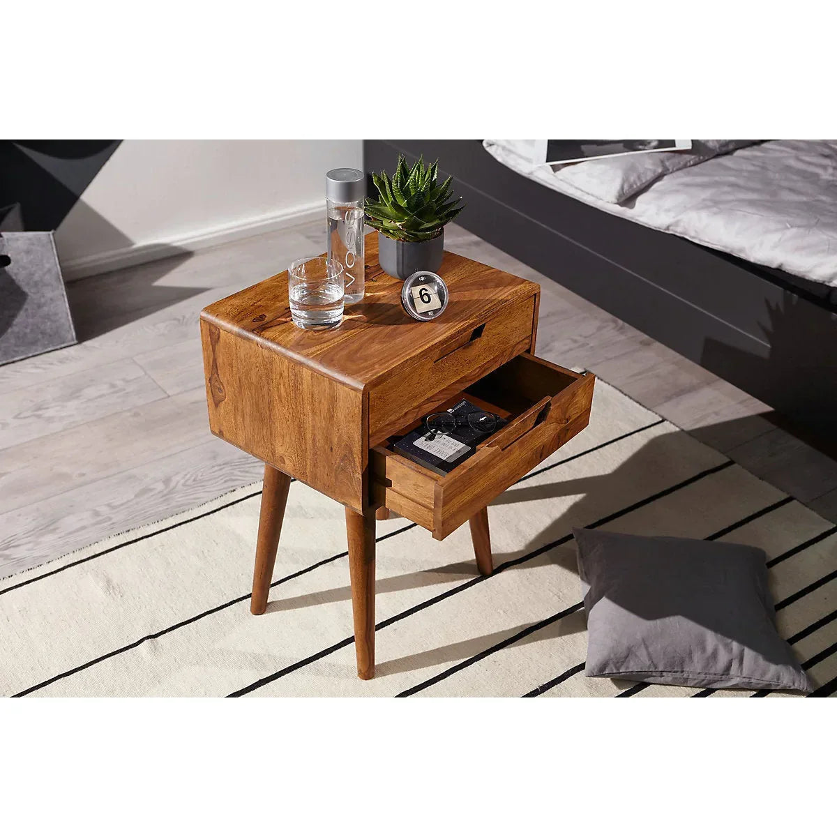 Timbe Task Sheesham Wood Bed Side 2Drawers In Natural Teak For BedRoom Furniture