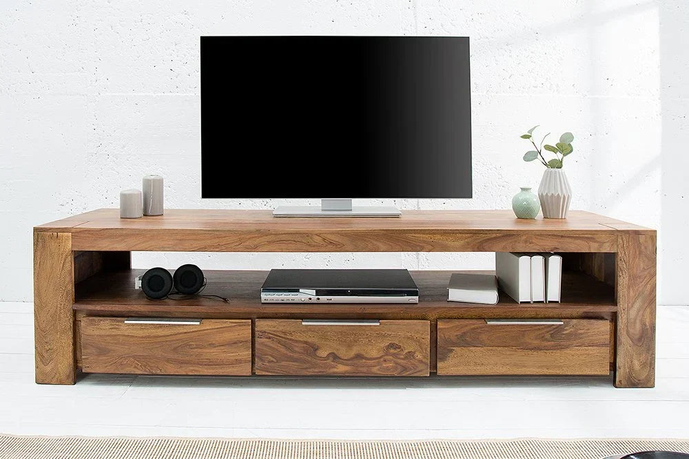 Reto Sheesham Wood Three Drawer & One Shelf Large Media Unit In Natural Finish  For Living Room Furniture