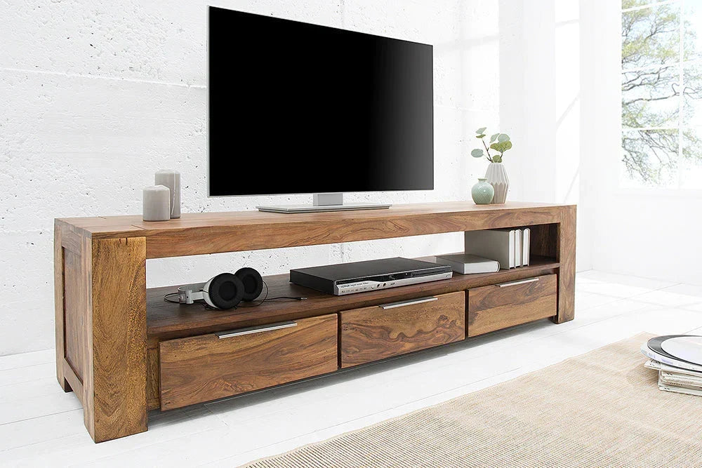 Reto Sheesham Wood Three Drawer & One Shelf Large Media Unit In Natural Finish  For Living Room Furniture