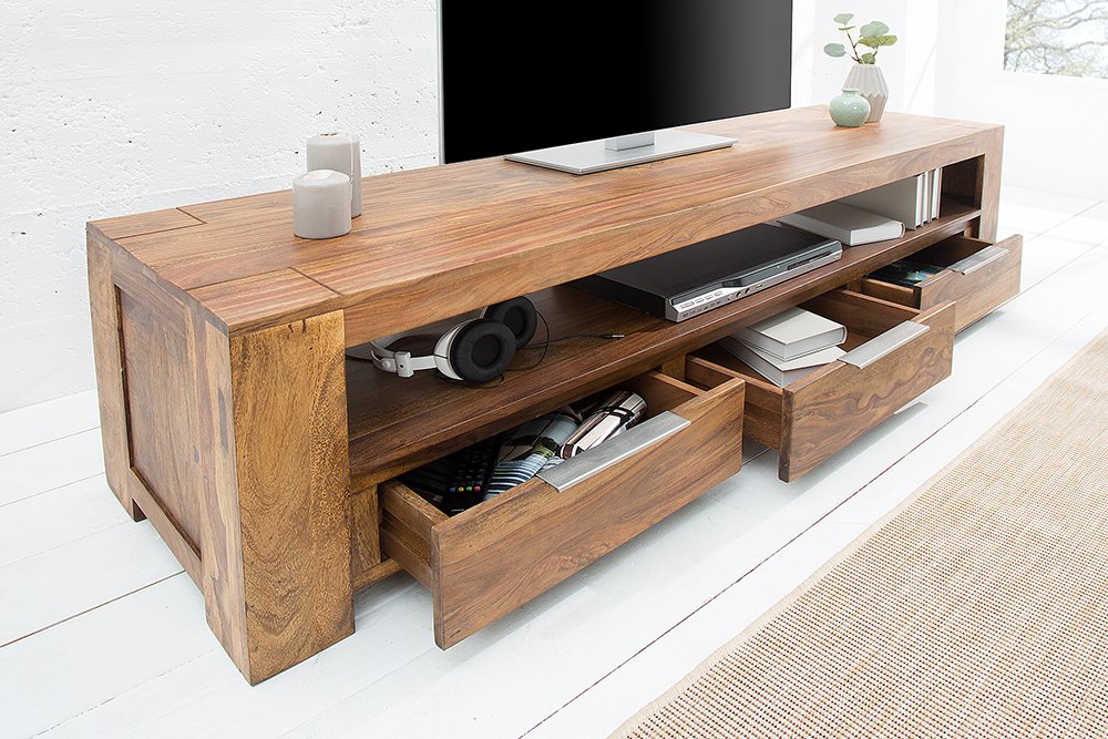 Reto Sheesham Wood Three Drawer & One Shelf Large Media Unit In Natural Finish  For Living Room Furniture