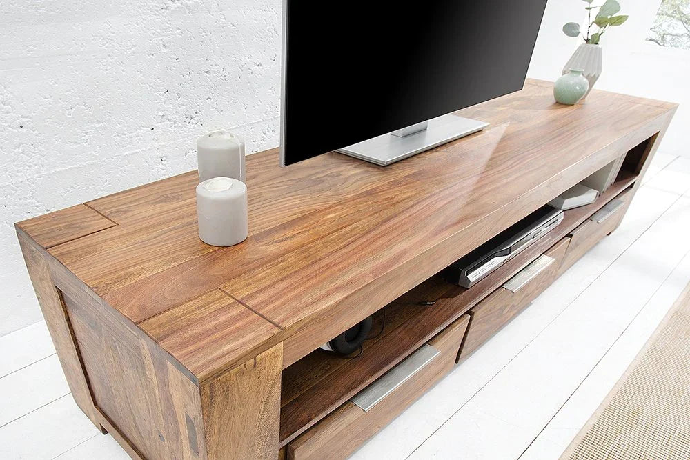 Reto Sheesham Wood Three Drawer & One Shelf Large Media Unit In Natural Finish  For Living Room Furniture