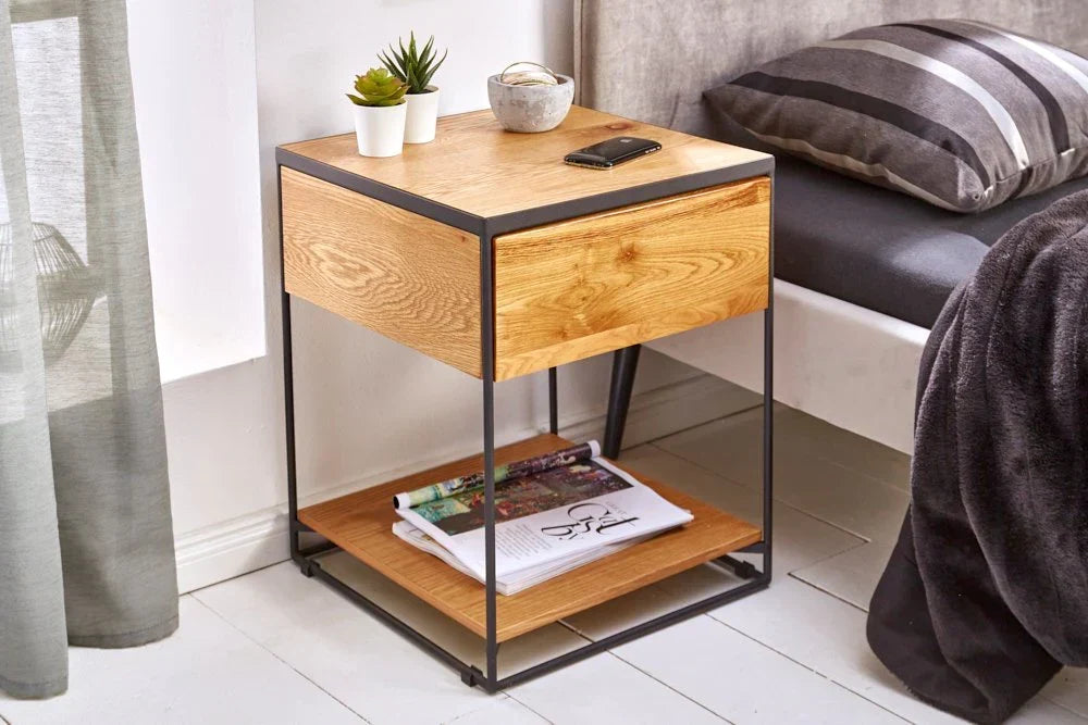 Acme Solid Wood Side Table In Natural & Black Finish For Bed-Room Furniture