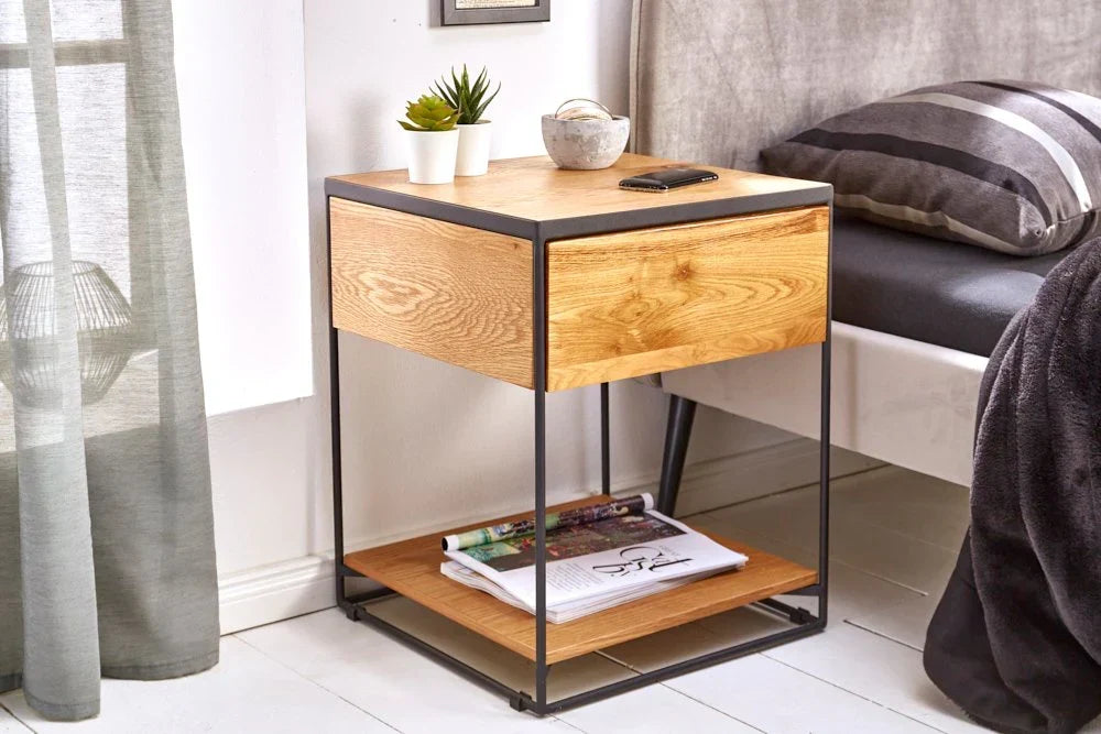 Acme Solid Wood Side Table In Natural & Black Finish For Bed-Room Furniture