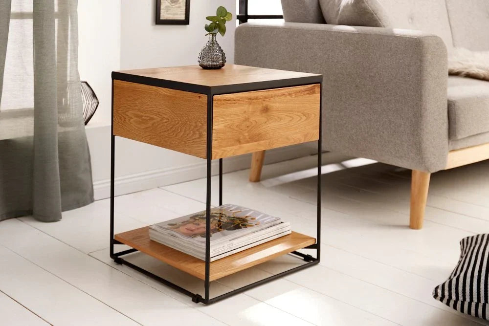 Acme Solid Wood Side Table In Natural & Black Finish For Bed-Room Furniture