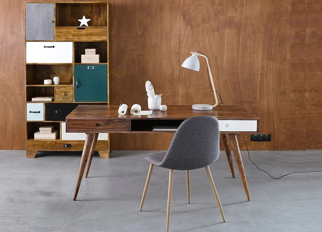 Delta Sheesham Wood Study Table In Natural & White Finish For Study Room Furniture