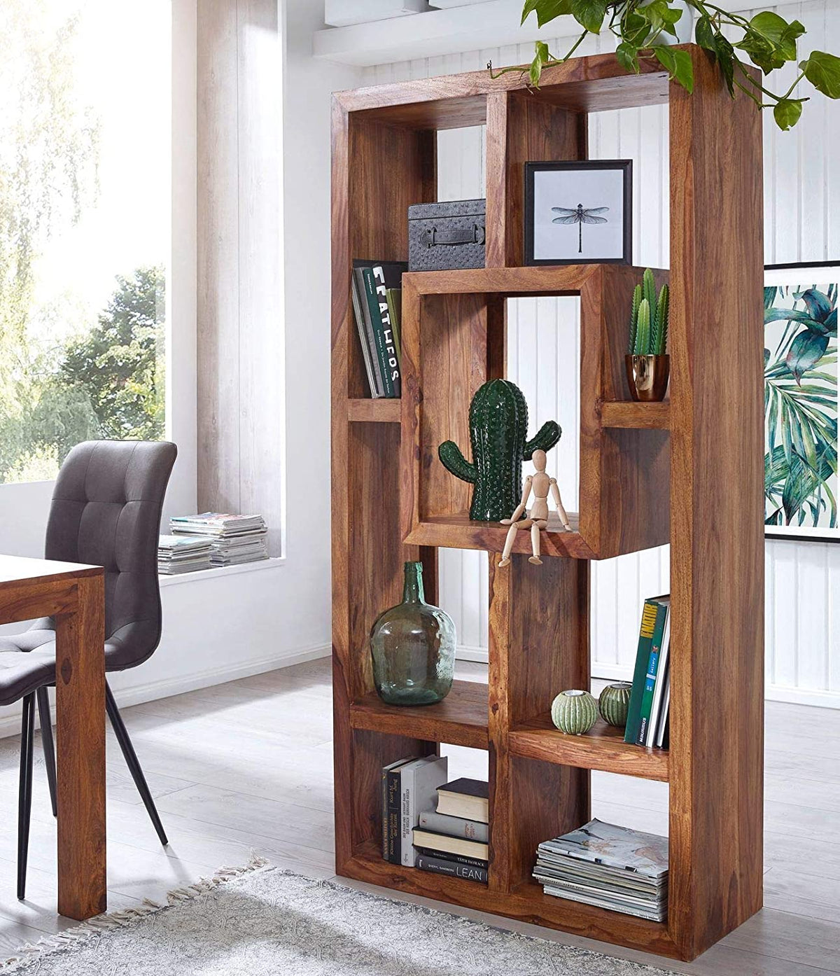 WOODLAND SHEESHAM WOOD OPEN BOOK SHELF IN NATURAL TEAK FOR STUDY ROOM FURNITURE