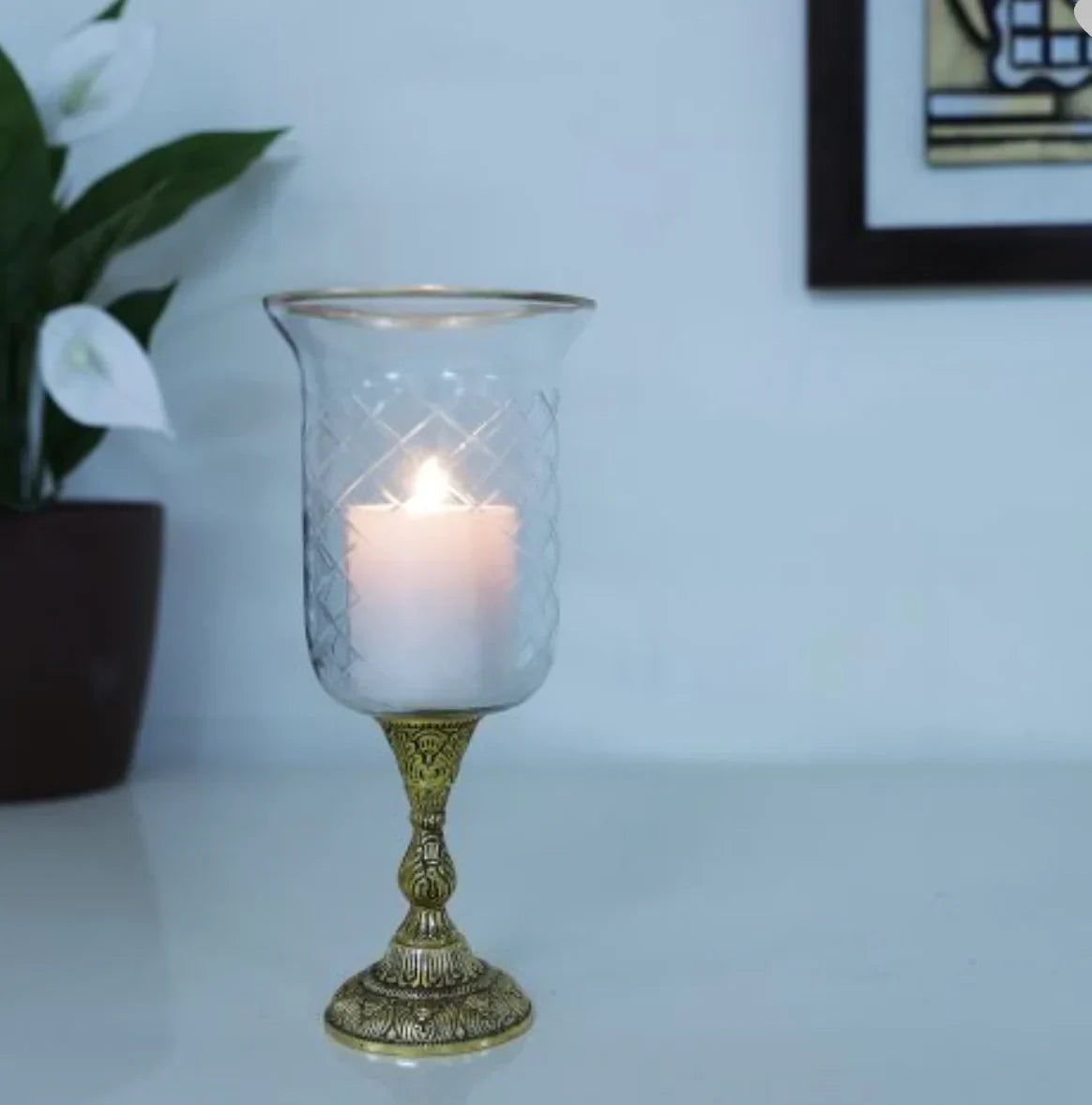 Metal Etched Glass And Metal Hurricane in Gold Colour
