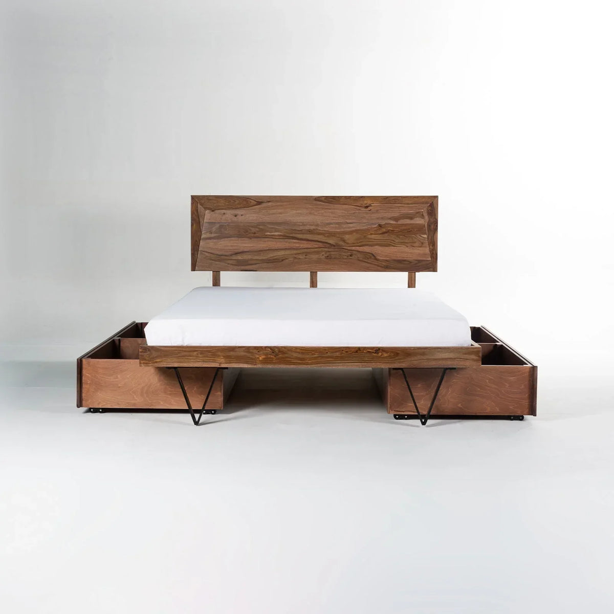 Haida Solid Wood King & Queen Size Beds With Drawers  In Natural Teak Finish For Bedroom Furniture