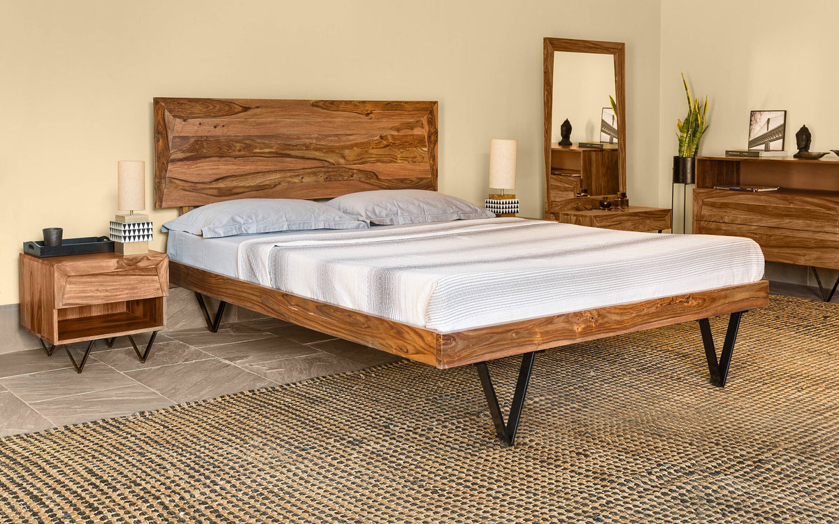 Haida Solid Wood King & Queen Size Beds  In Natural Teak Finish For Bedroom Furniture