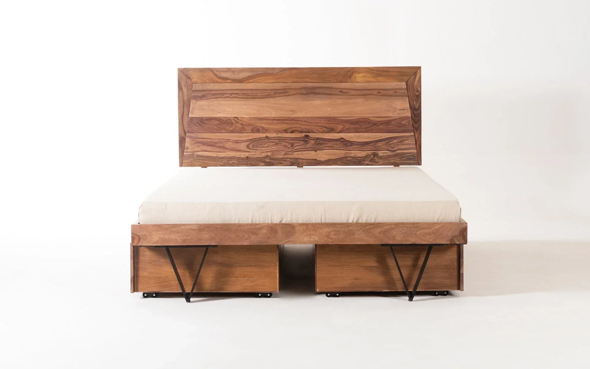 Haida Solid Wood King & Queen Size Beds With Drawers  In Natural Teak Finish For Bedroom Furniture