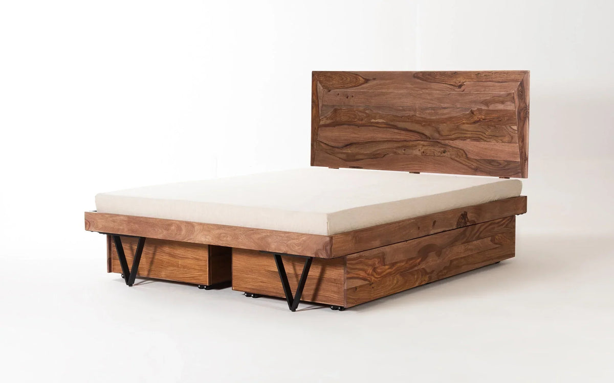 Haida Solid Wood King & Queen Size Beds With Drawers  In Natural Teak Finish For Bedroom Furniture