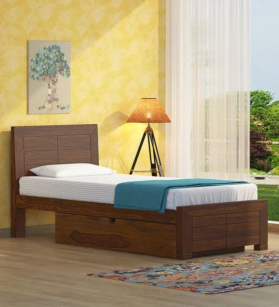 Segur Solid Wood Single Size Bed With One Drawers  In Provincial Teak Finish For Bedroom Furniture